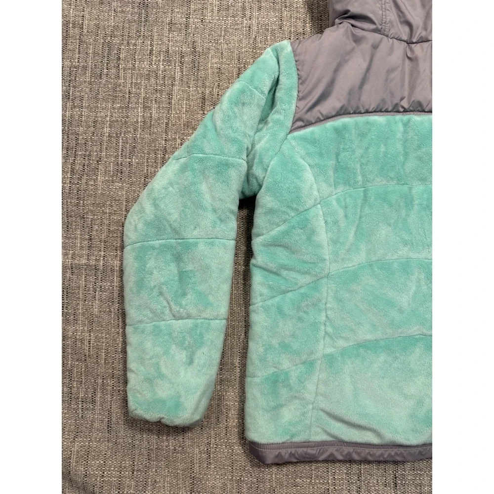 North Face Jacket Girls XL‎ Green Fuzzy Reversible Hooded Colorblock Windbreaker